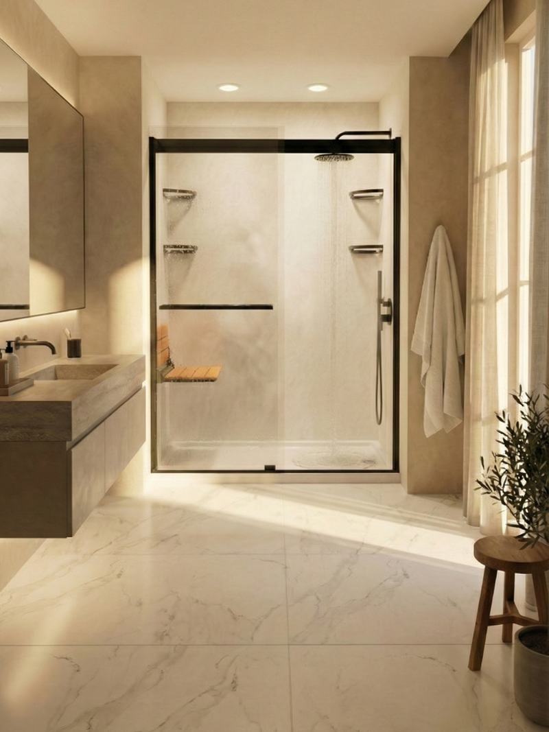 Modern tub to shower conversion with matte black hardware