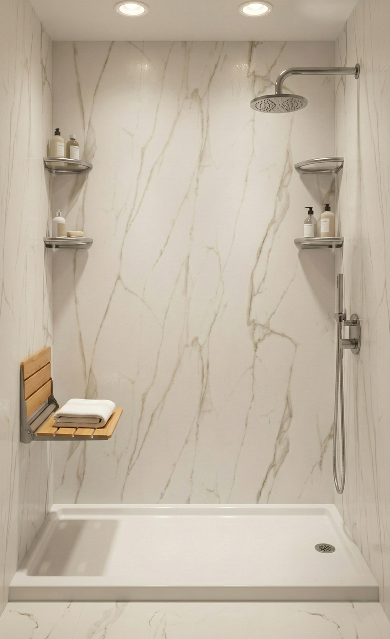 Accessible walk-in shower with chrome fixtures