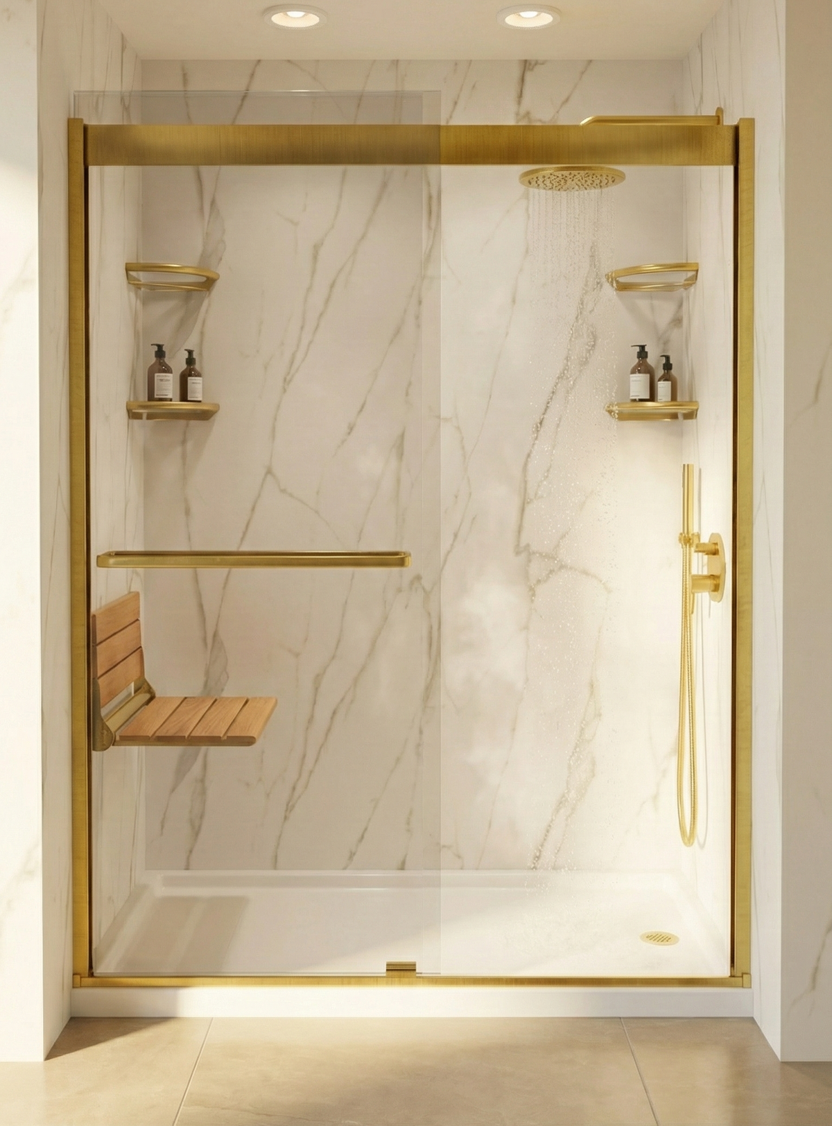 Premium bathroom remodel with gold hardware and frameless glass shower door