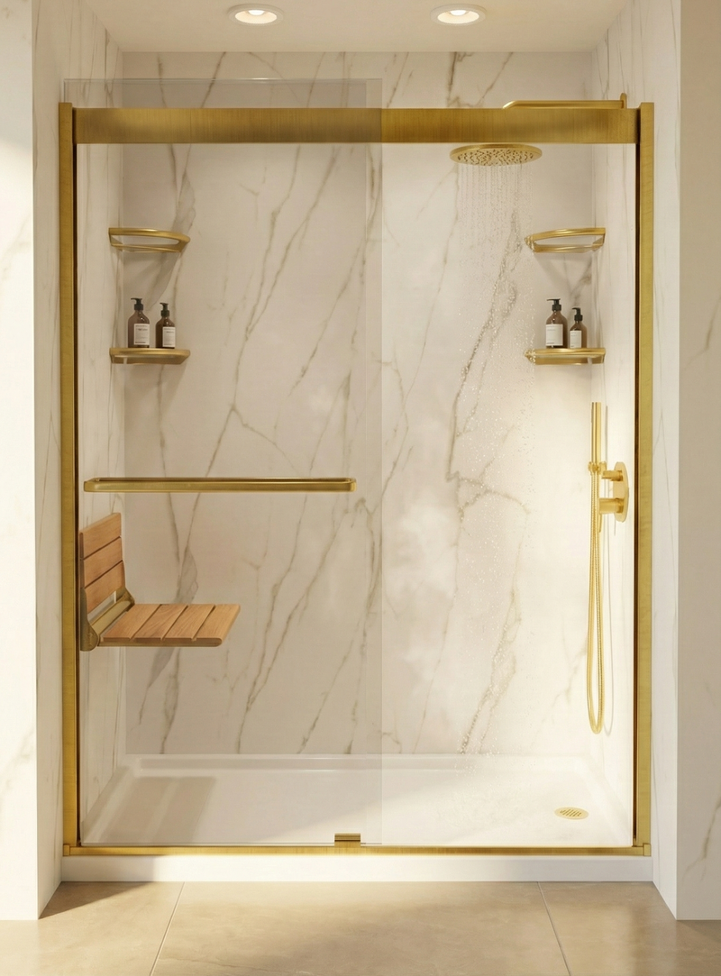Gold hardware frameless sliding door shower with rain showerhead and teak bench