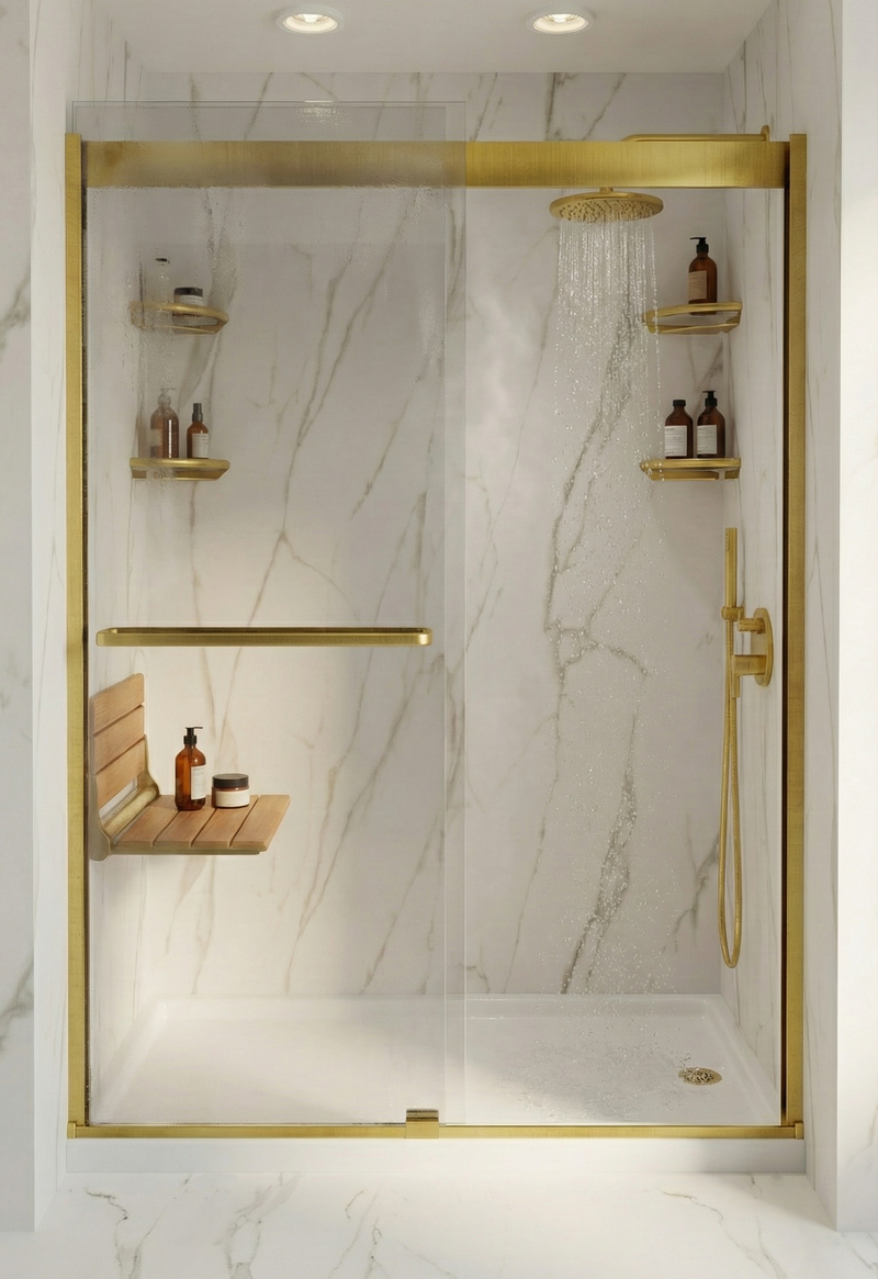 Gold hardware sliding door shower with seamless marble panels