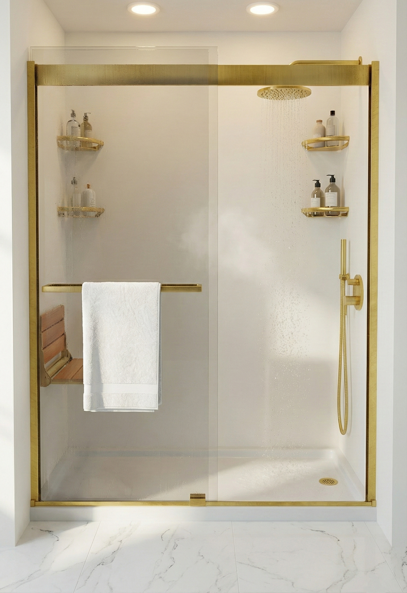 Gold hardware sliding door shower with built-in shelves and towel bar