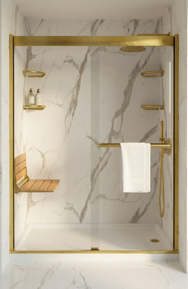 Gold hardware sliding door shower with impact-resistant antibacterial wall panels
