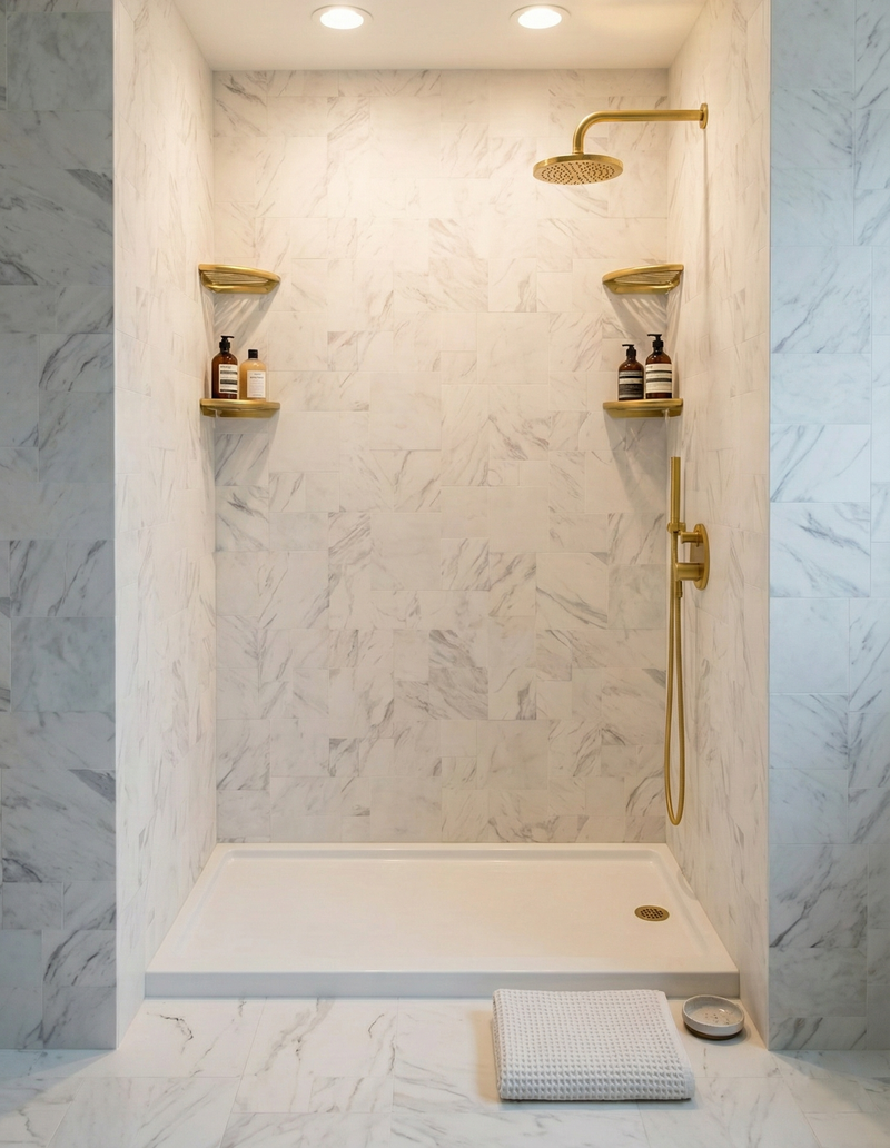 Gold hardware open walk-in shower with low threshold entry