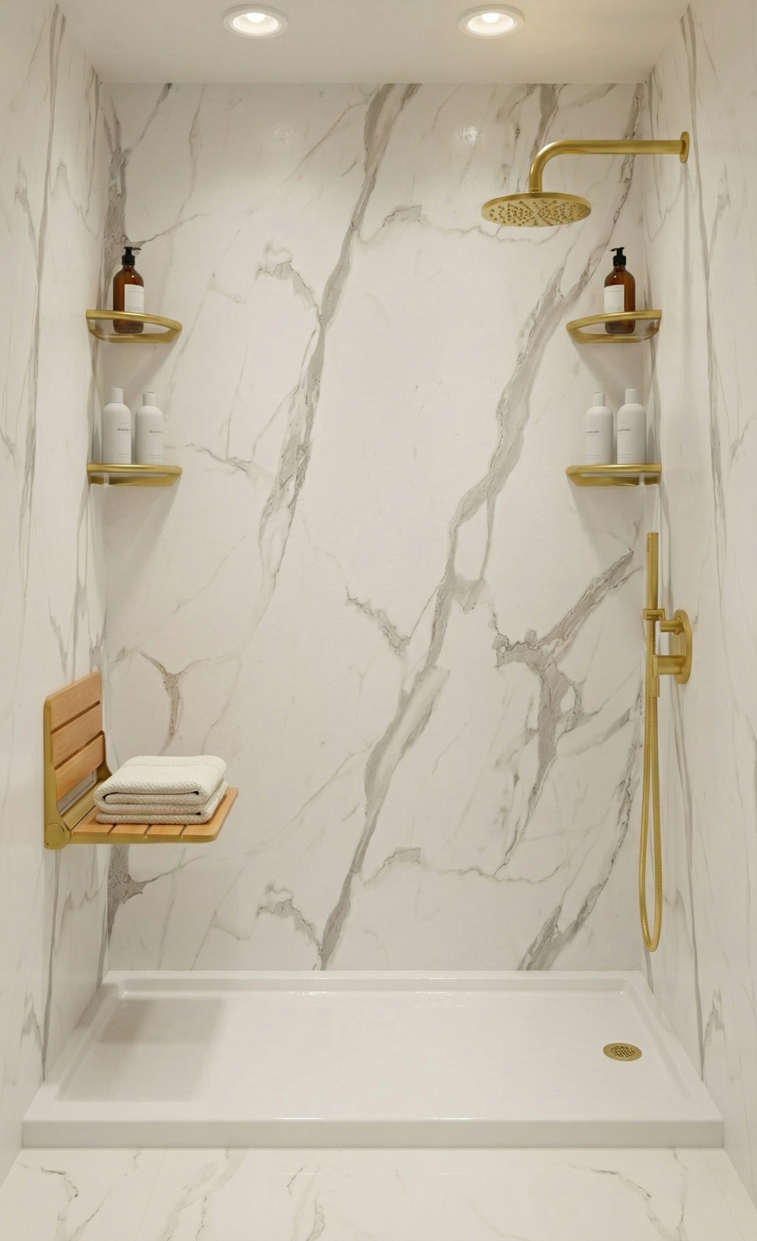 Premium shower remodel with gold hardware and frameless glass