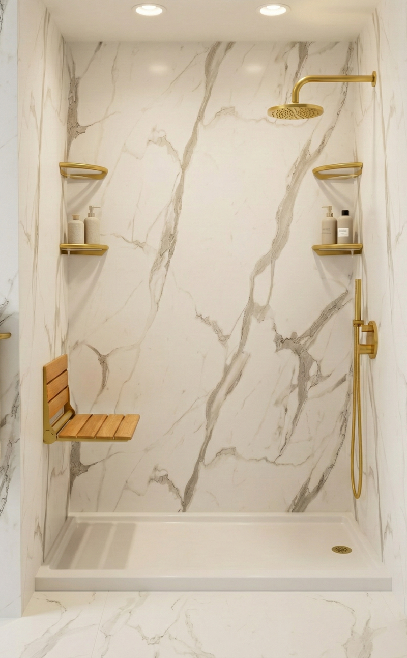 Full bathroom renovation with gold fixtures and custom tile