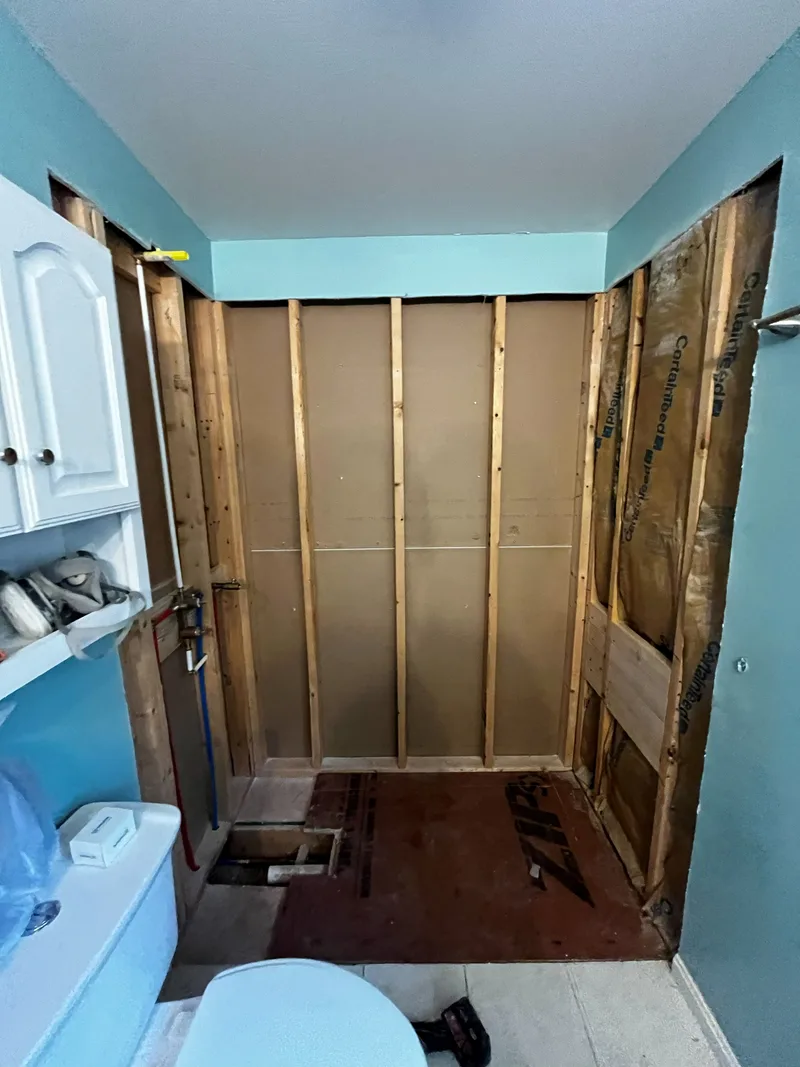 Shower stripped back to the bare studs with the floor opened up for the drain