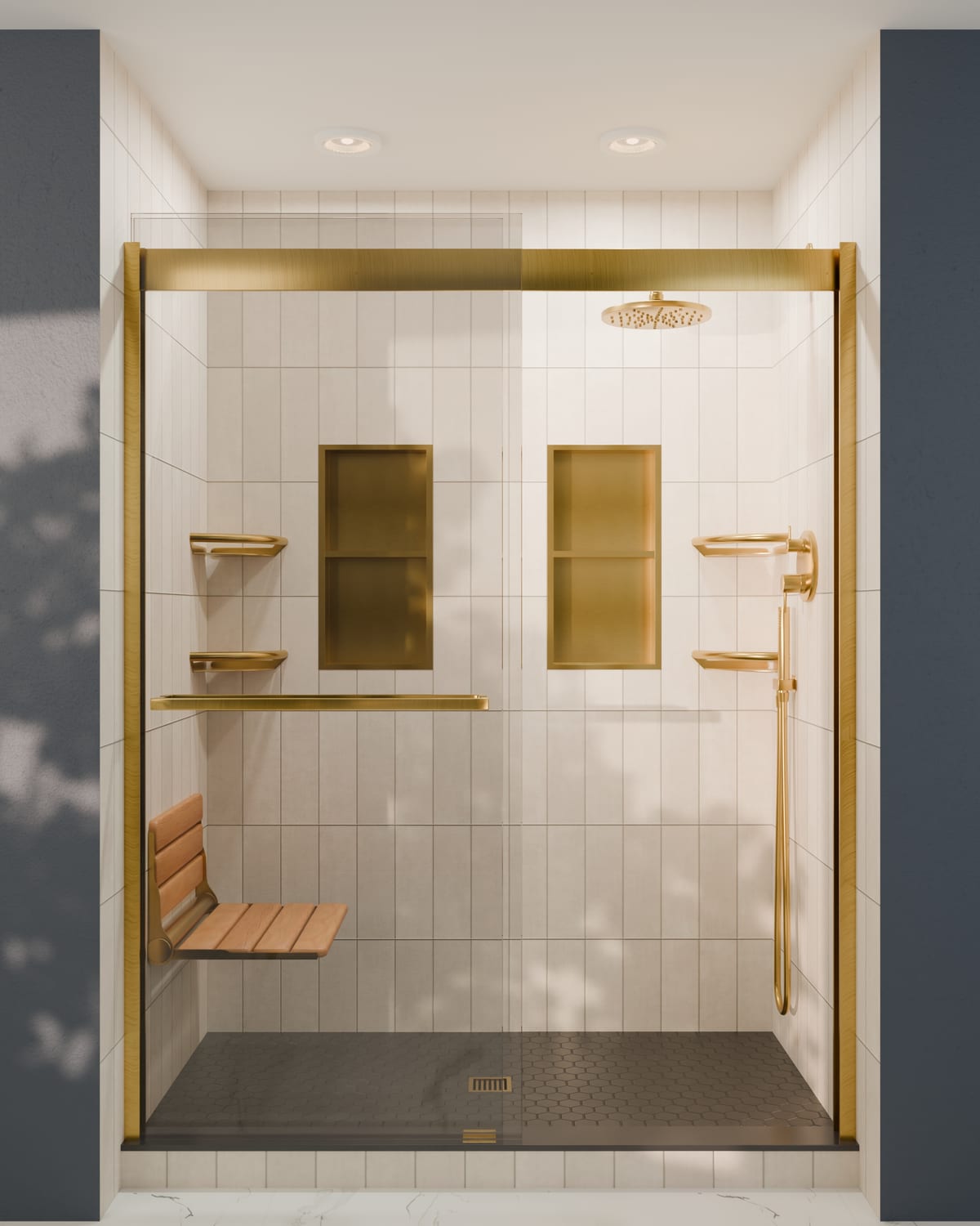 Walk-in shower built in the Queenstone 3D builder &mdash; Warm Ivory tile, brushed gold fixtures, glass door, bench and twin niches.